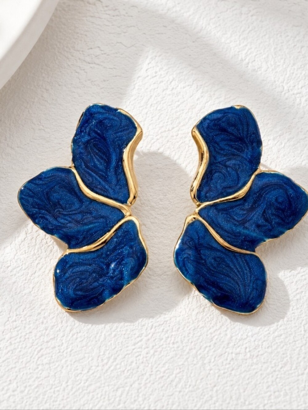 Blue Petal Statement Earrings With Gold Trim Fan Shape
